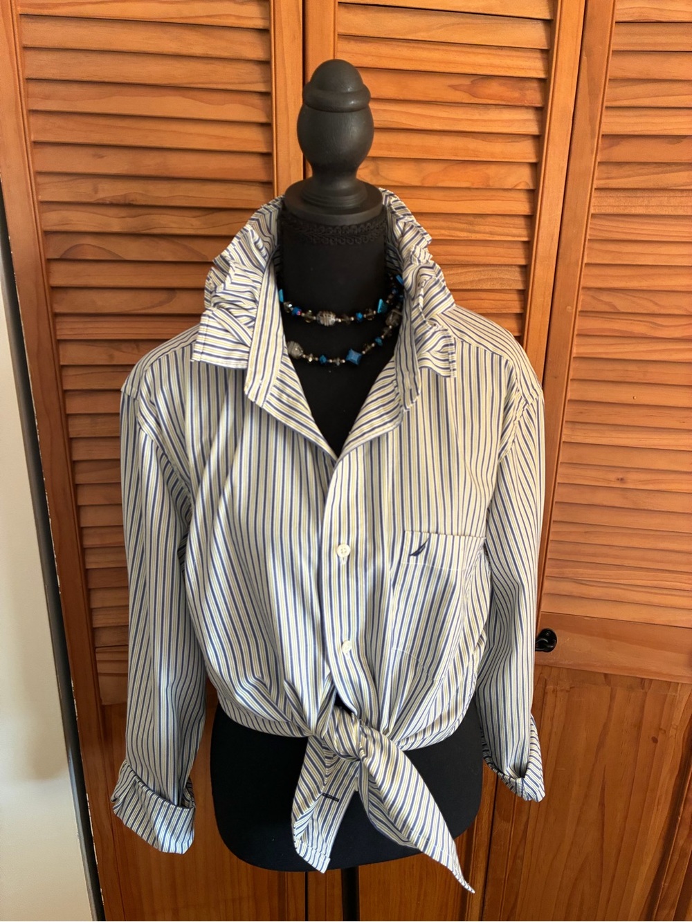Nautica White Shirt with Blue Pinstripes and Tie Front
